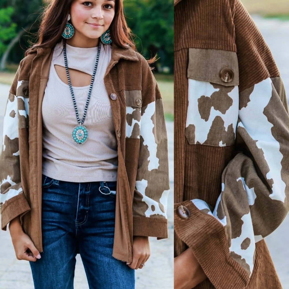 . Boutique Brown Cow Print Oversized Button Up Long Sleeve Corduroy Shacket - Picture 2 of 14